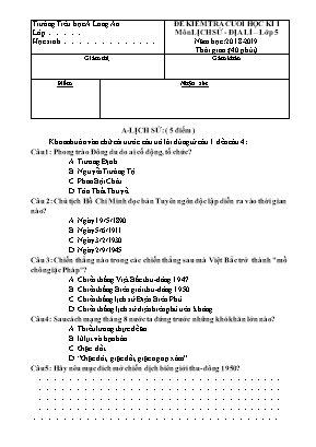 Đề kiểm tra cuối học kì 1 môn Lịch sử-Địa lí Lớp 5 - Năm học 2018-2019